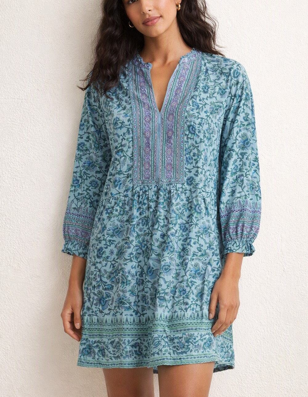 Bella Tu Long Sleeve Embroidered Tunic Shift Dress Green XL